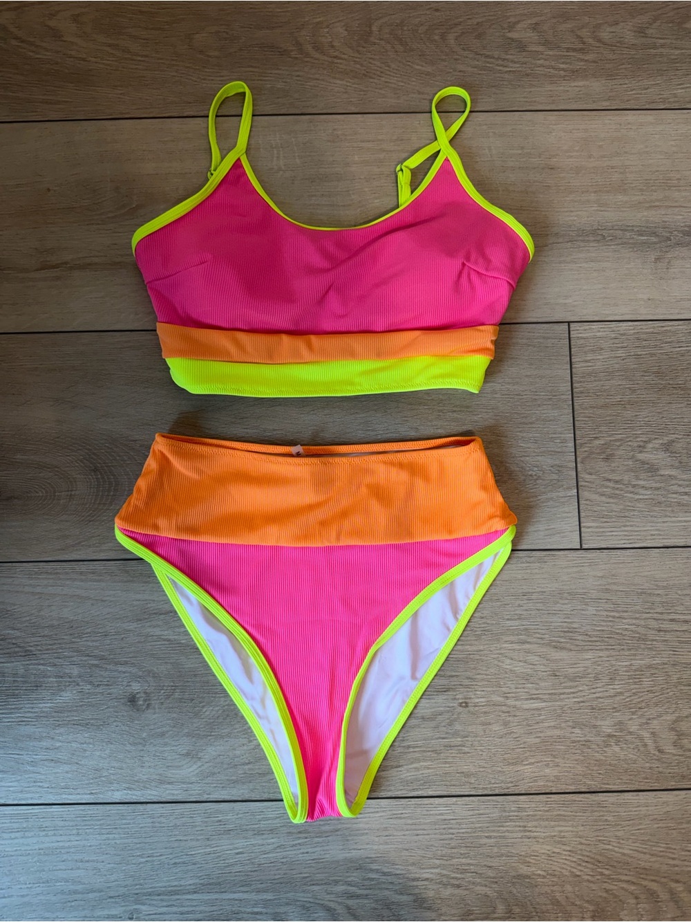 Brand New Popvil Neon Colour block High-Waist Bikini Set - Pink, Orange & Lime